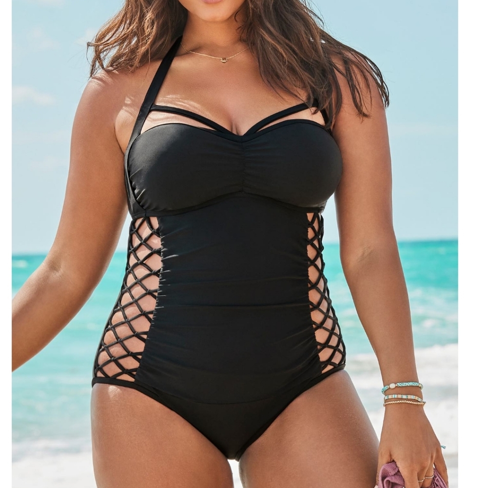 Ashley Graham black underwire one piece swimsuit
